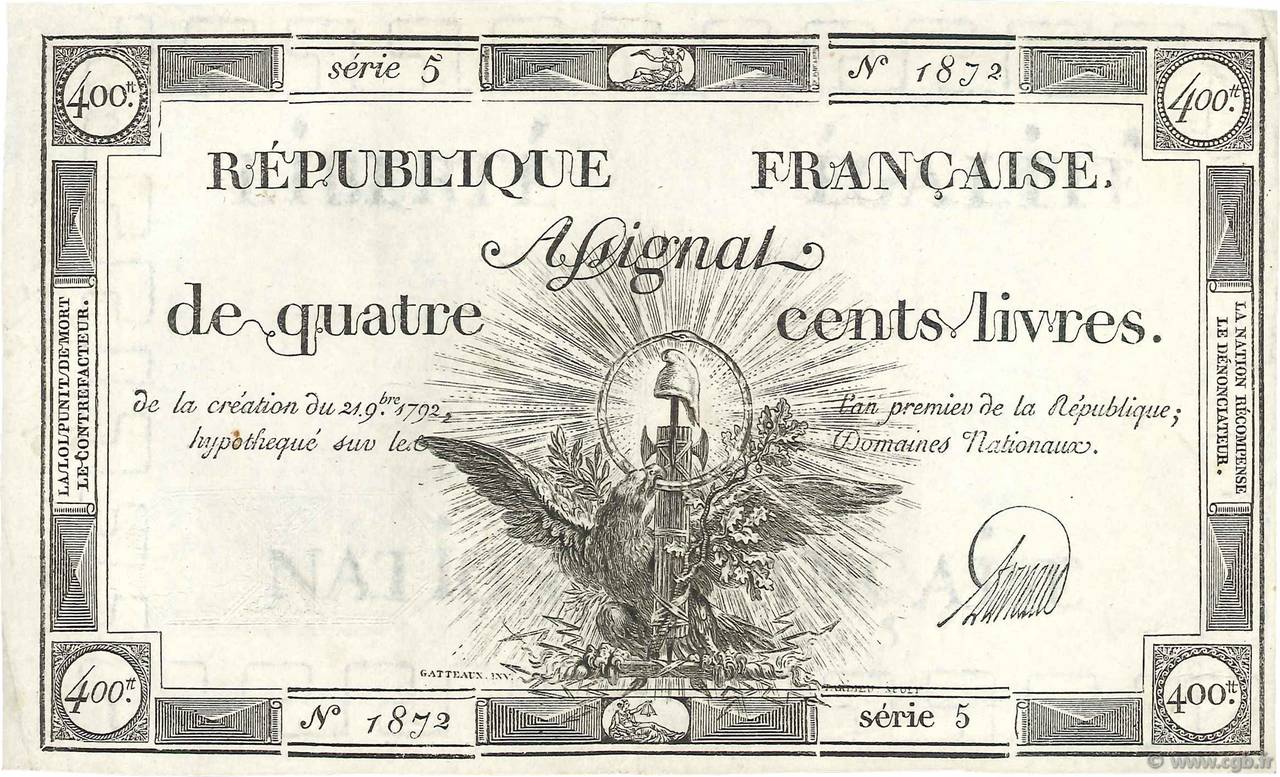 400 Livres Petit numéro FRANKREICH  1792 Ass.38a VZ