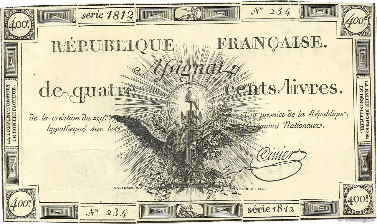 400 Livres FRANCE  1792 Ass.38a XF