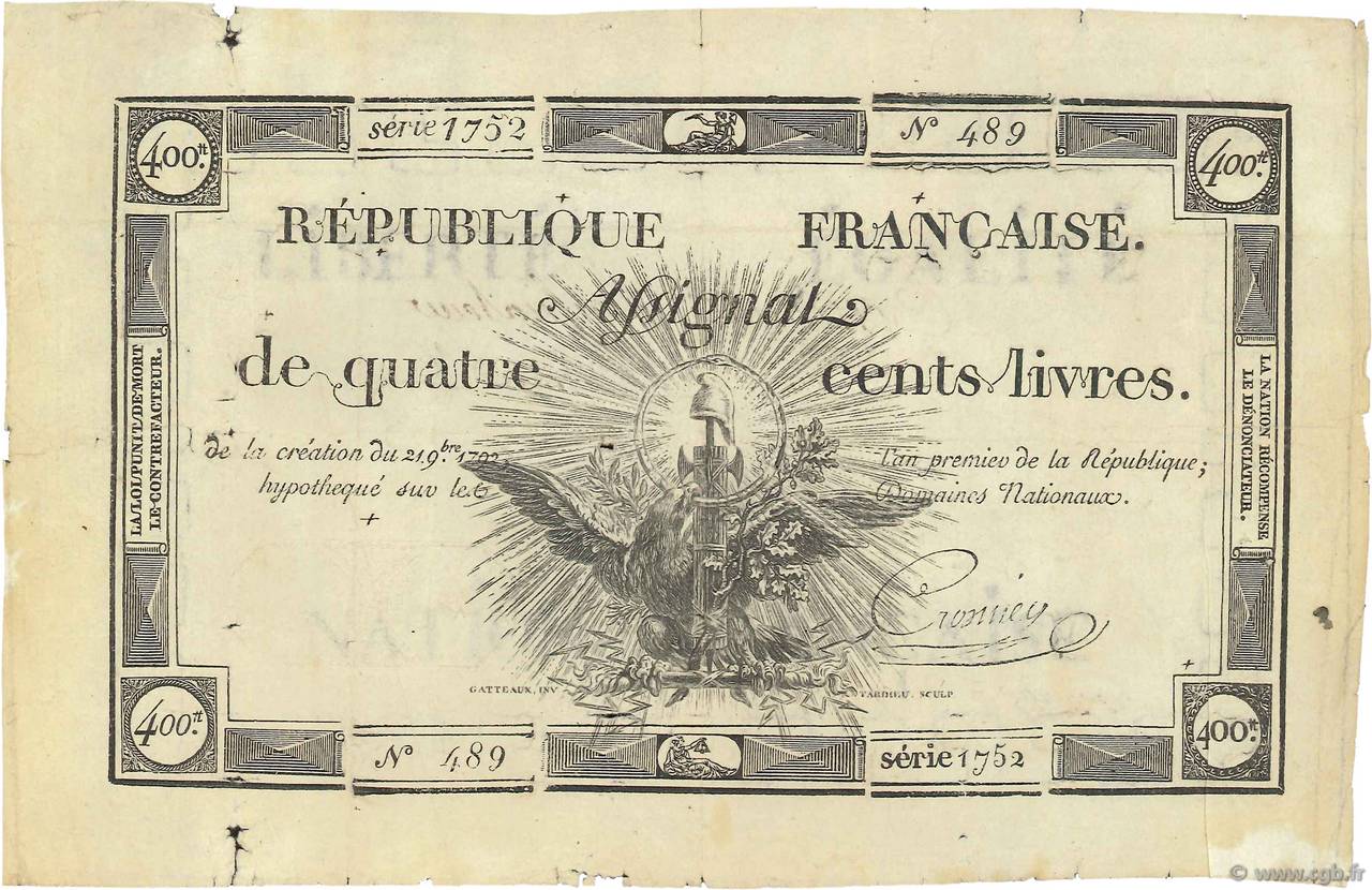 400 Livres Vérificateur FRANCIA  1792 Ass.38c MB