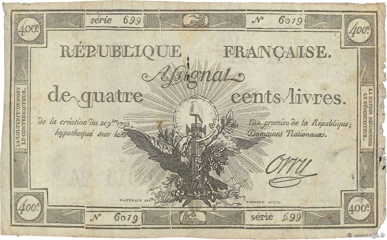 400 Livres Faux FRANCE  1792 Ass.38dx F+