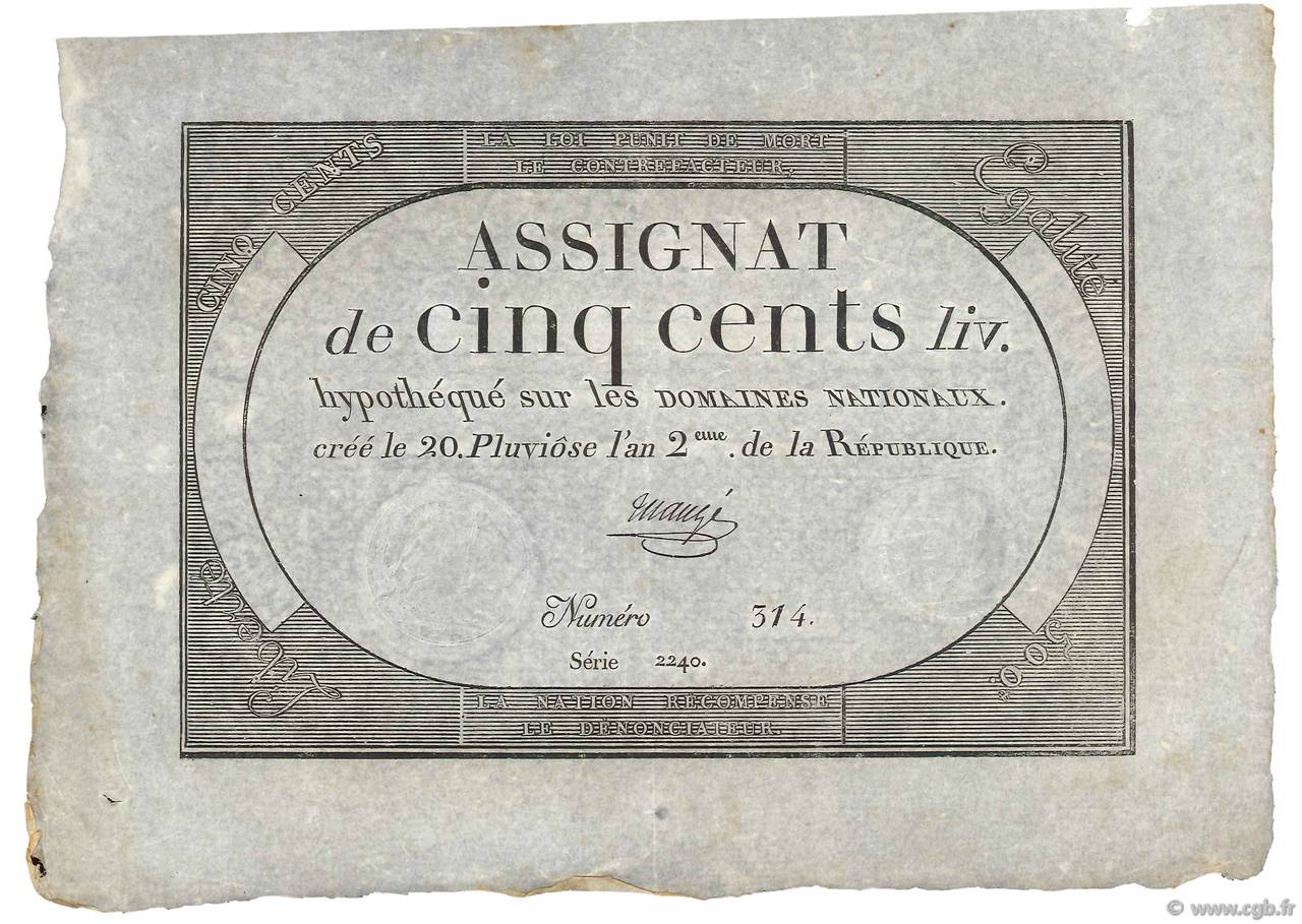 500 Livres FRANKREICH  1794 Ass.47a VZ+