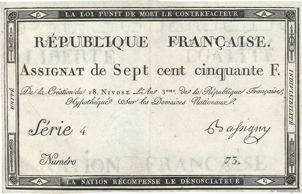 750 Francs Petit numéro FRANCIA  1795 Ass.49a SPL