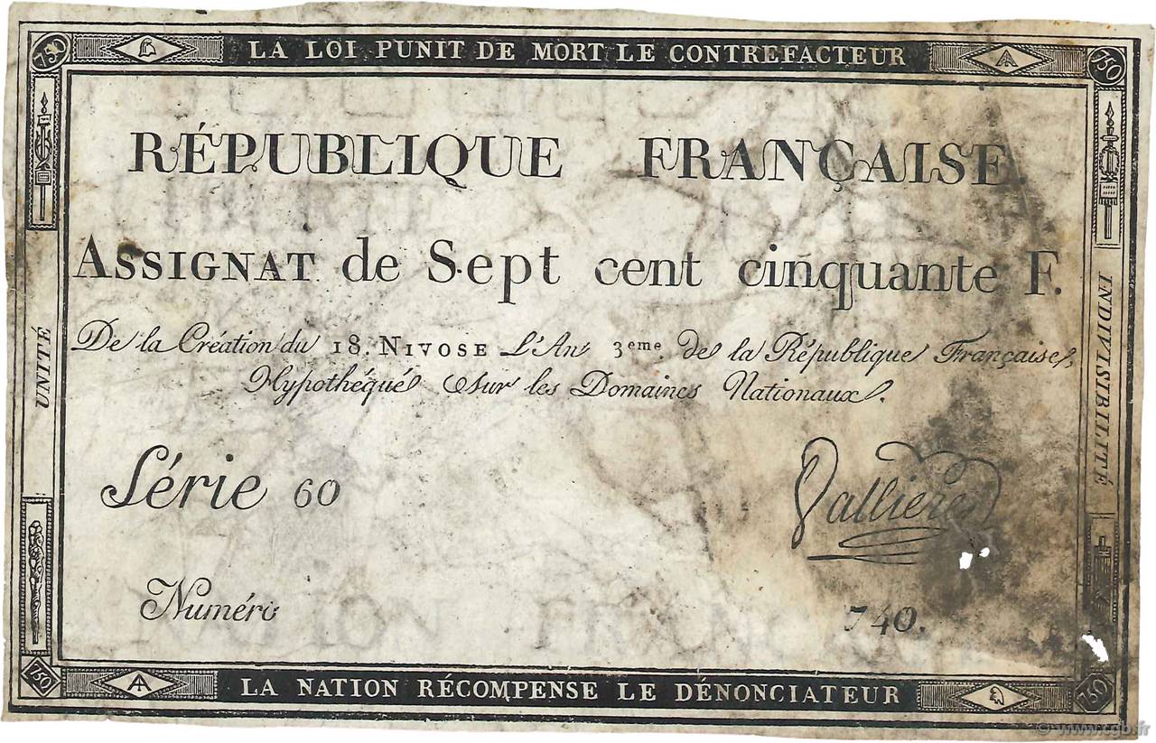 750 Francs FRANKREICH  1795 Ass.49a S