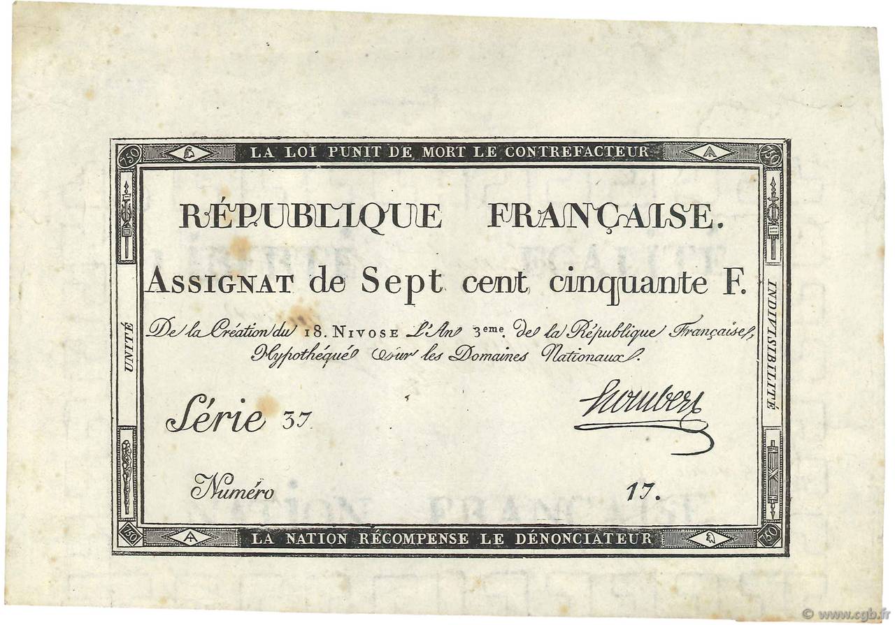 750 Francs Vérificateur FRANCE  1795 Ass.49b XF+