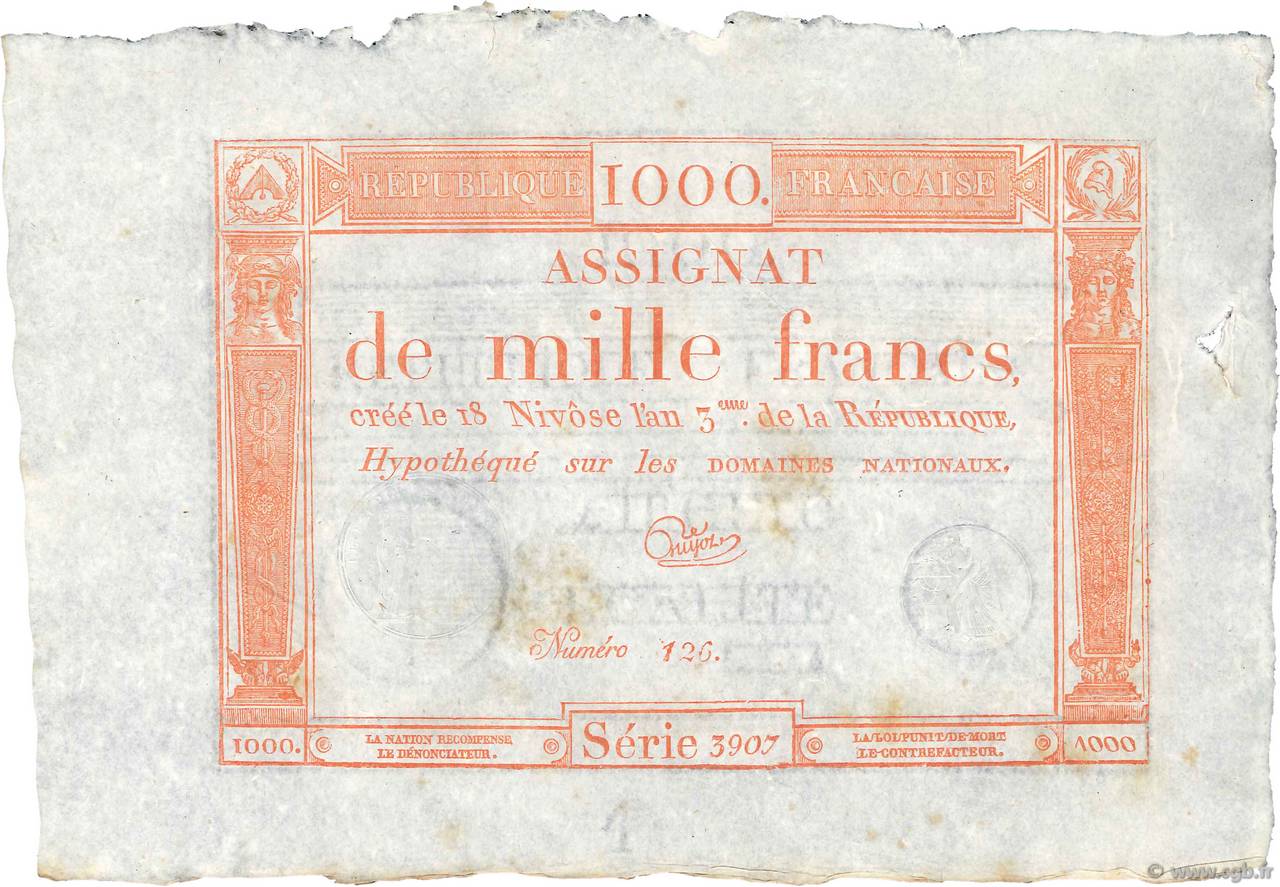 1000 Francs FRANCE  1795 Ass.50a UNC