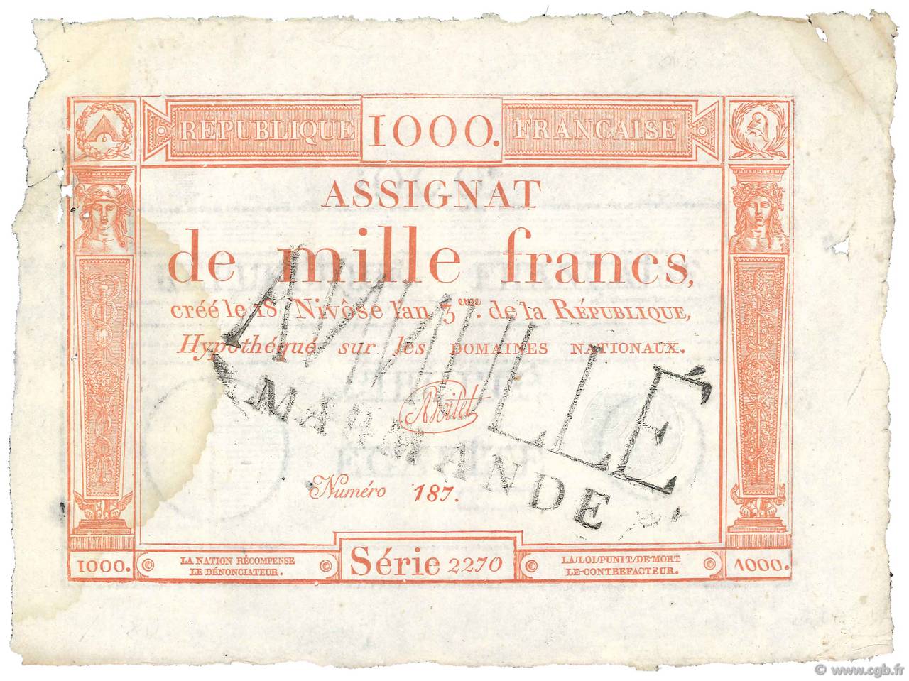 1000 Francs Annulé FRANKREICH  1795 Ass.50 var VZ