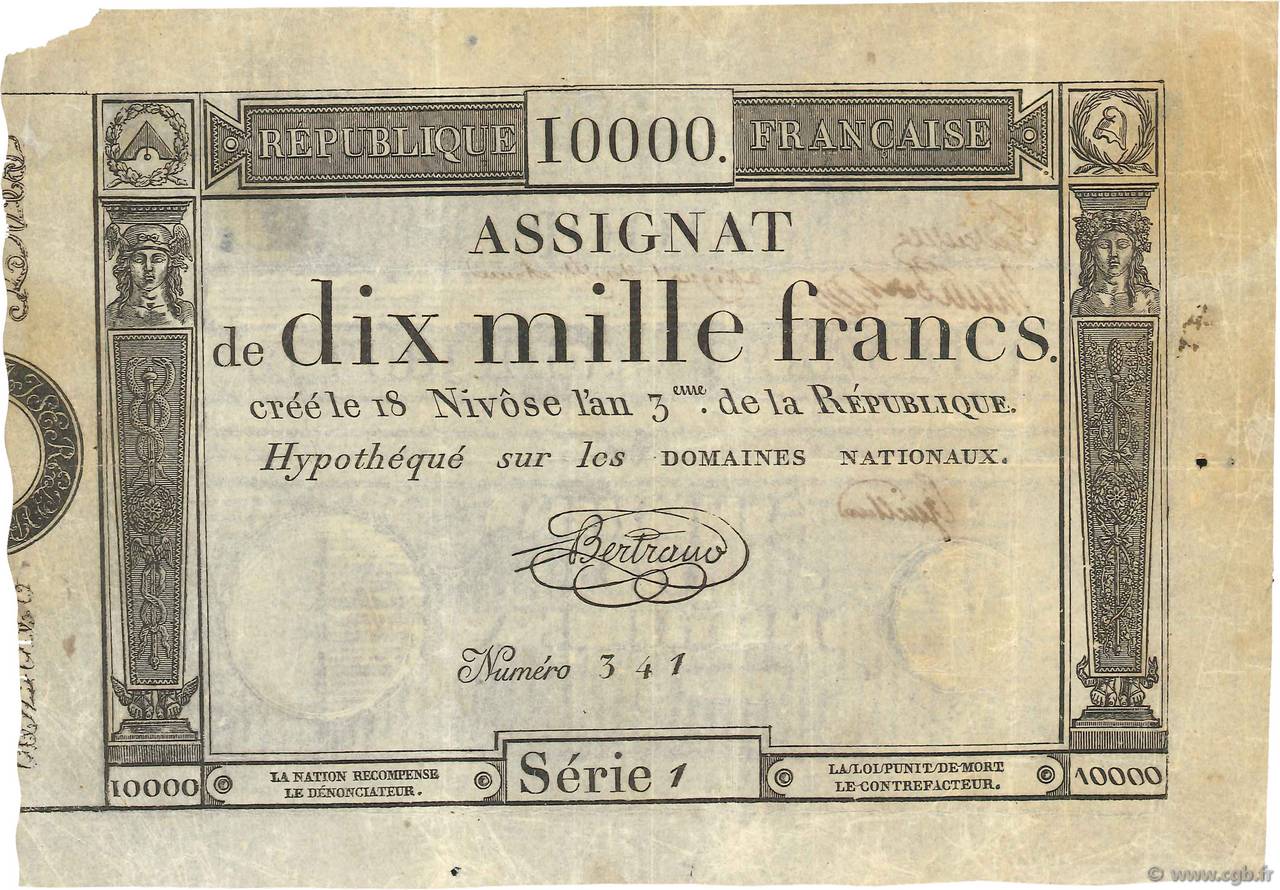 10000 Francs Vérificateur FRANKREICH  1795 Ass.52b fVZ