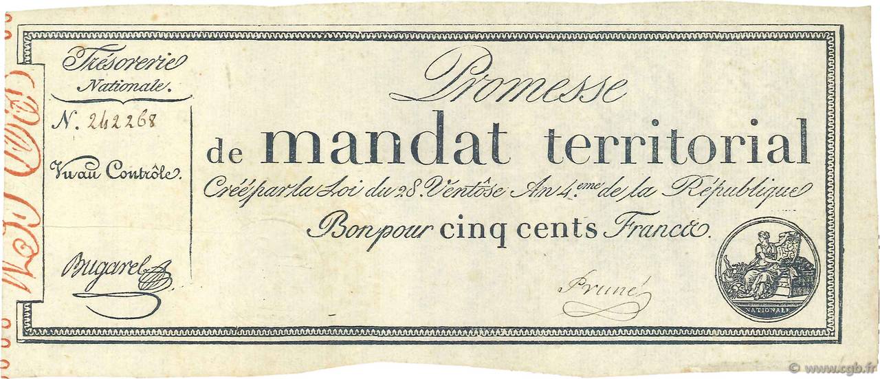 500 Francs sans série FRANKREICH  1796 Ass.62a VZ