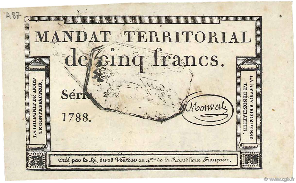 5 Francs Monval cachet noir FRANCIA  1796 Ass.63b EBC+