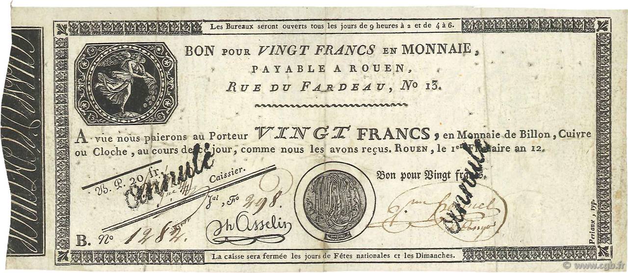 20 Francs Annulé FRANCIA  1804 PS.245b MBC+