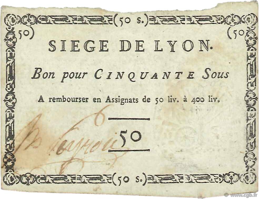 50 Sous FRANCE régionalisme et divers Lyon 1793 Kol.81d SUP