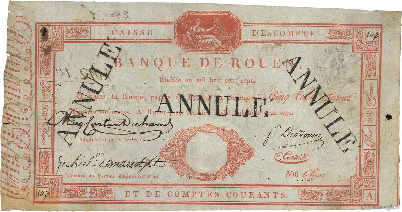 500 Francs Banque de Rouen Annulé FRANCE regionalism and various  1807 PS.181 F+