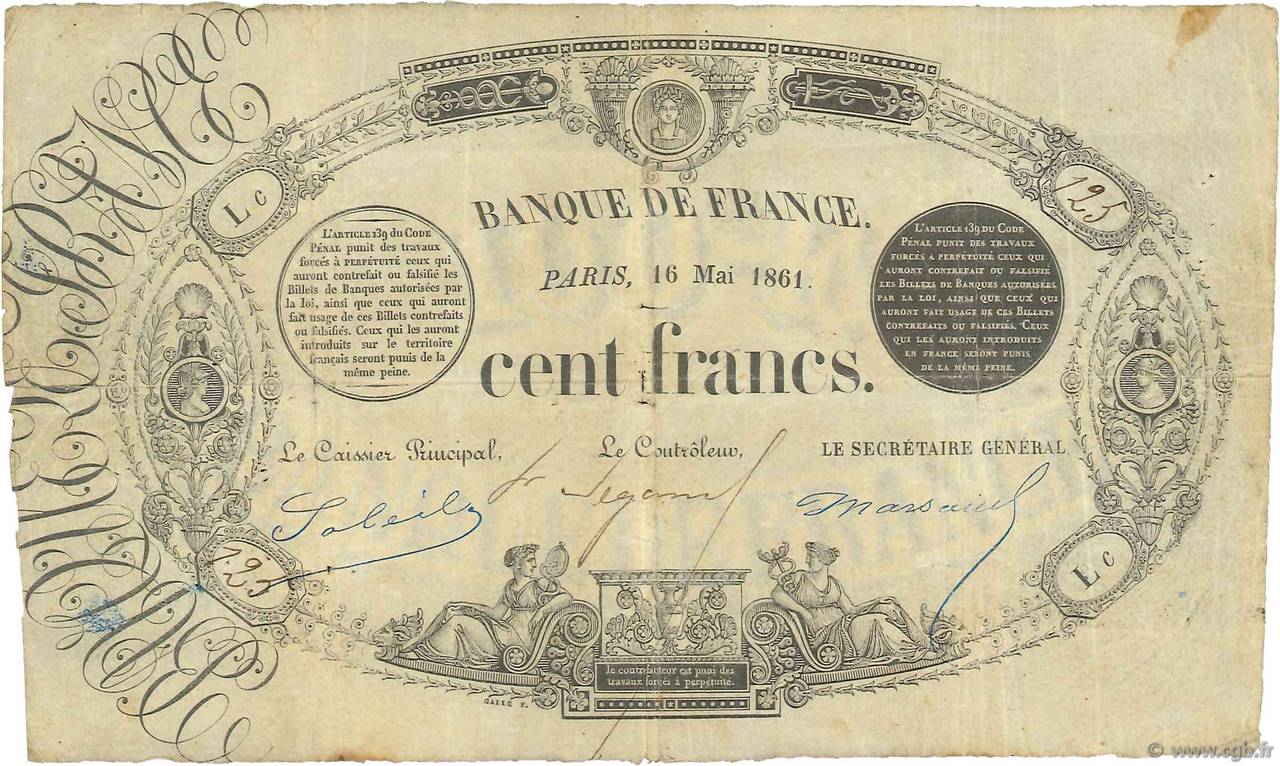 100 Francs type 1848, définitif à l italique FRANCE  1861 F.A26.01 F+