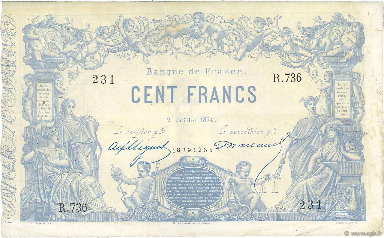 100 Francs type 1862 - Bleu à indices Noirs FRANCE  1874 F.A39.10 VF+