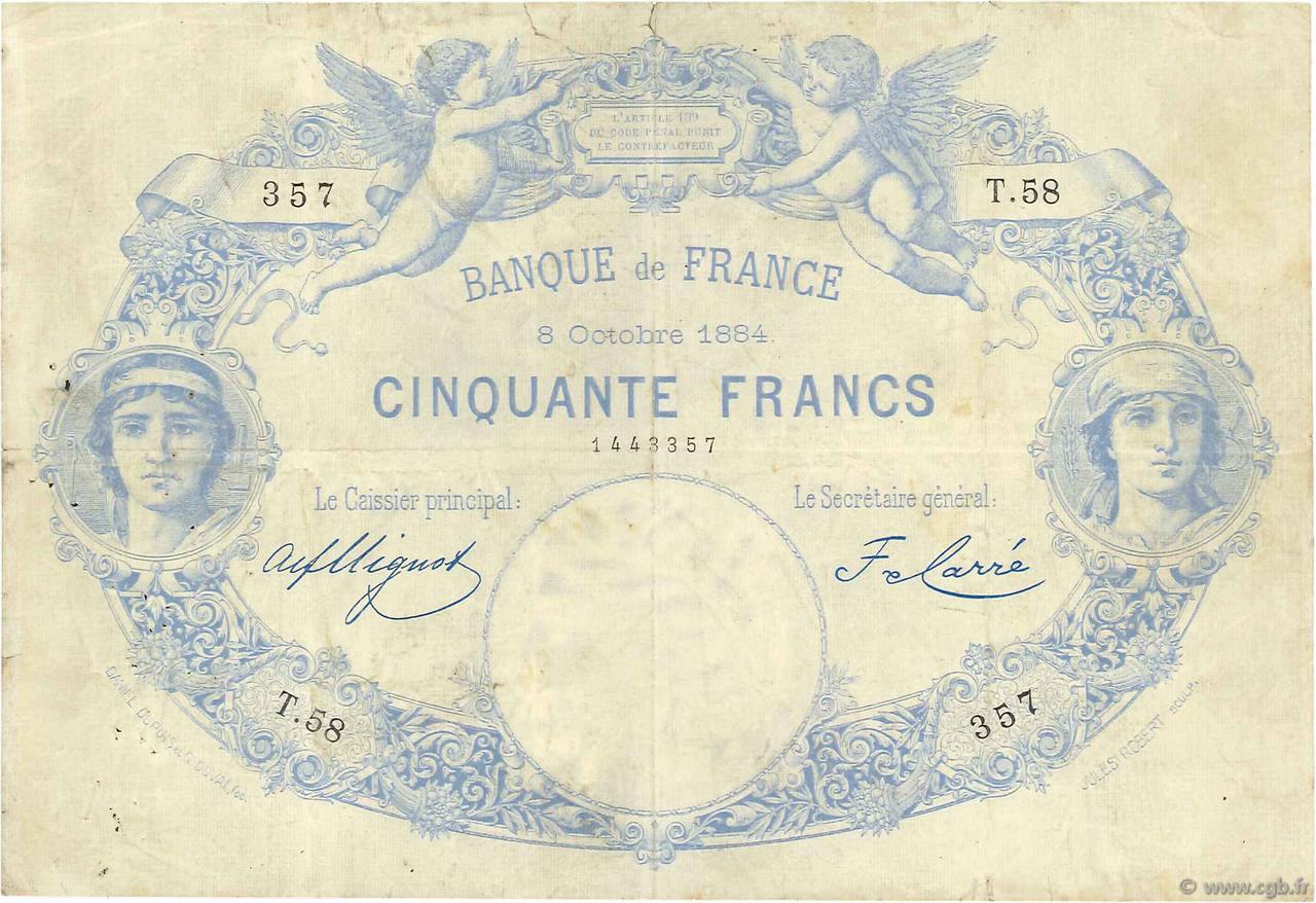 50 Francs type 1884 Indices Noirs FRANCE  1884 F.A47.01 F+