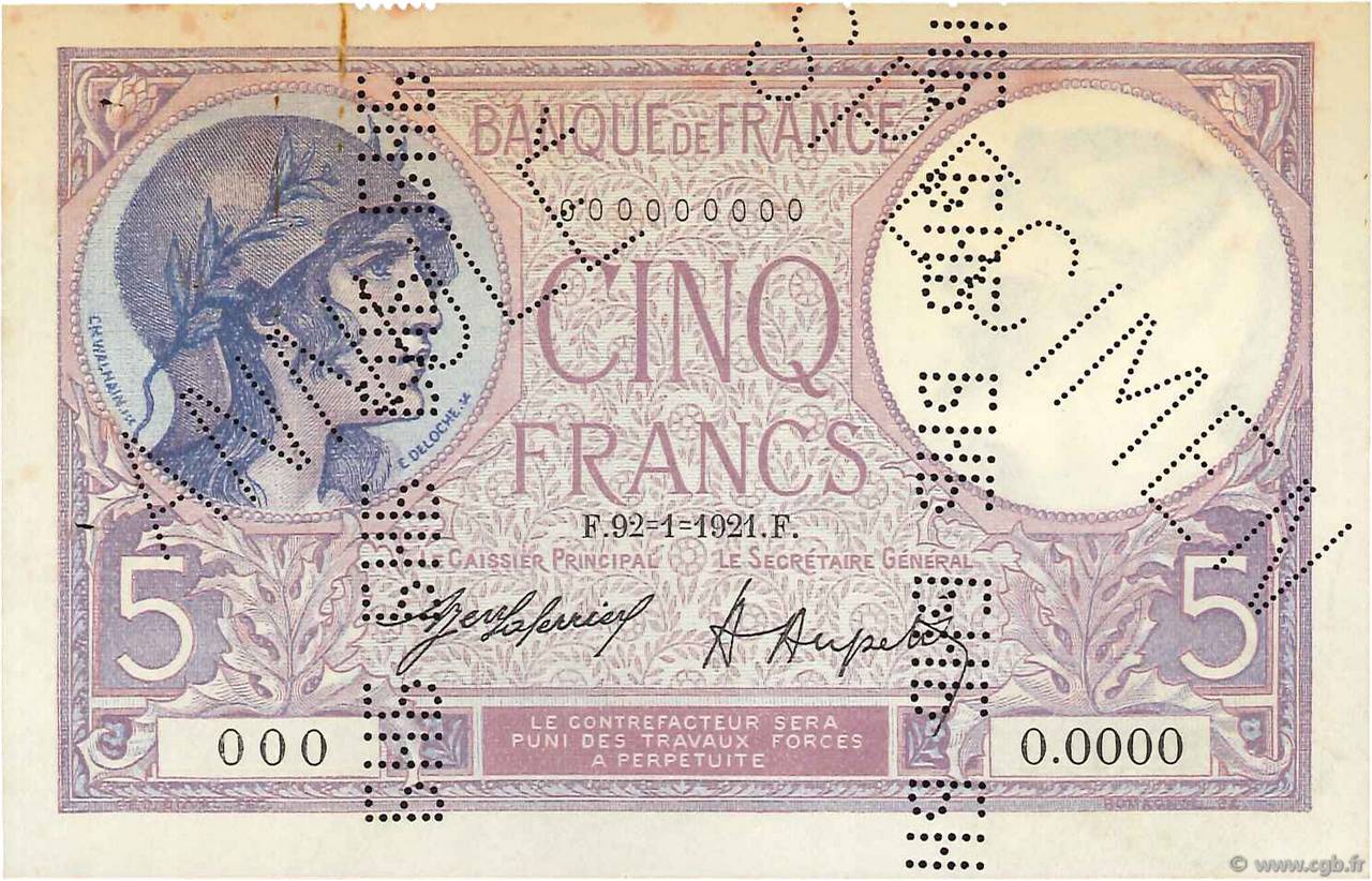 5 Francs FEMME CASQUÉE Spécimen FRANCE  1921 F.03.05Sp SUP