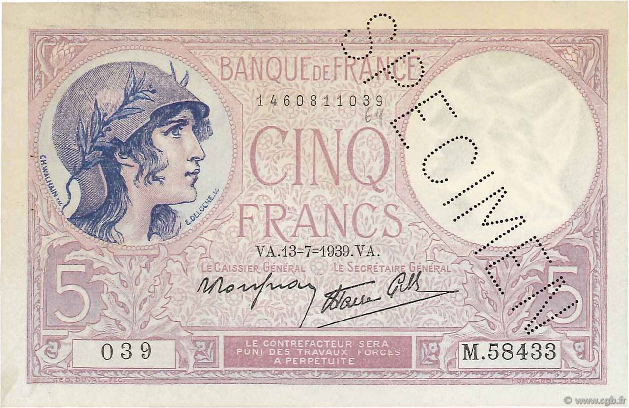 5 Francs FEMME CASQUÉE modifié Spécimen FRANCIA  1939 F.04.01Scp SPL+