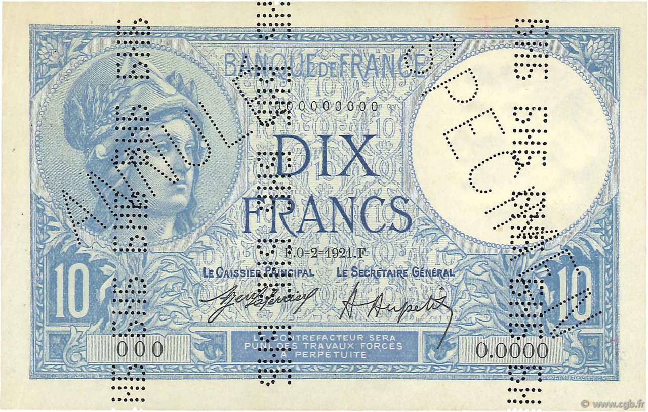 10 Francs MINERVE Spécimen FRANKREICH  1921 F.06.05Sp fVZ