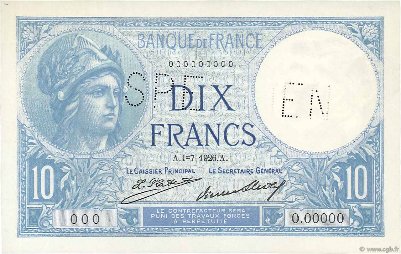 10 Francs MINERVE Spécimen FRANCIA  1926 F.06.11Sp q.FDC