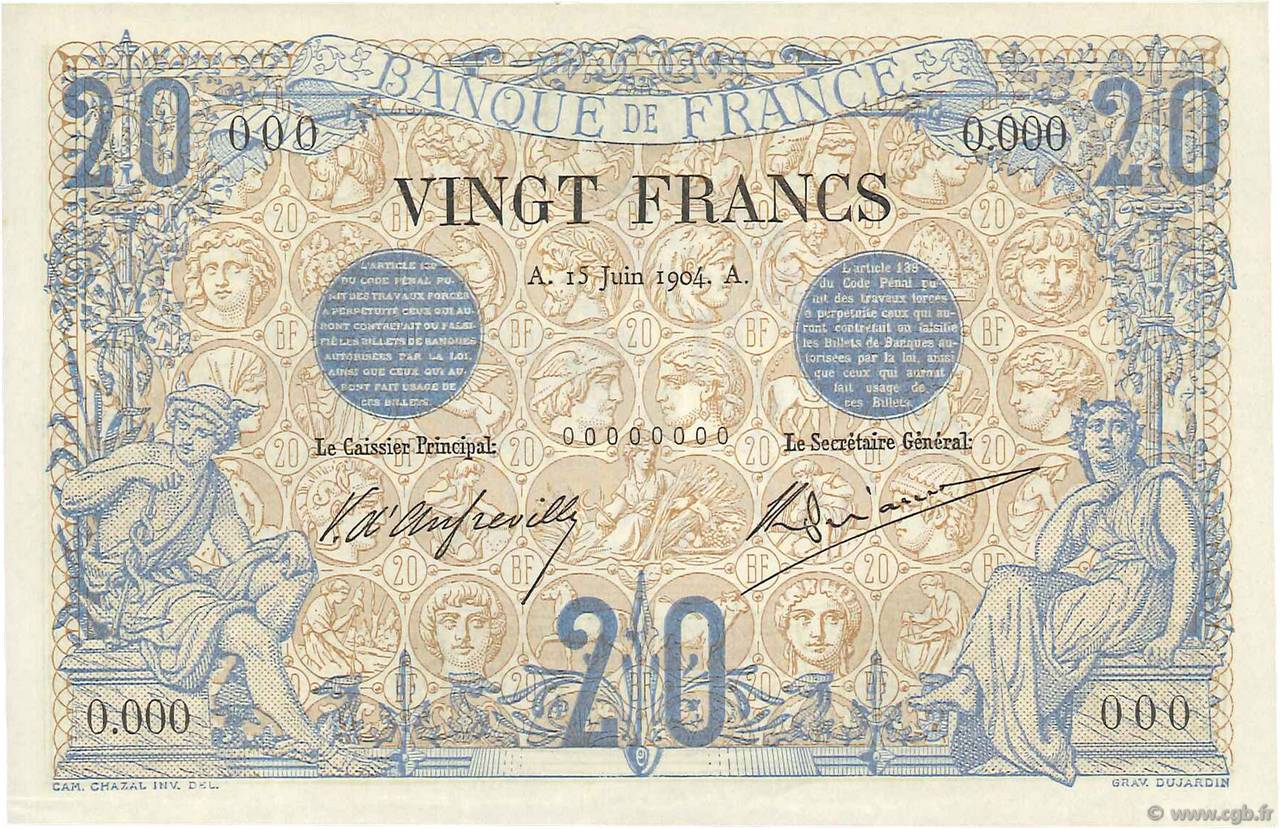 20 Francs NOIR Spécimen FRANKREICH  1904 F.09.03S fST+