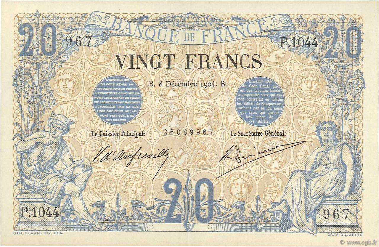 20 Francs NOIR FRANCE  1904 F.09.03 XF+