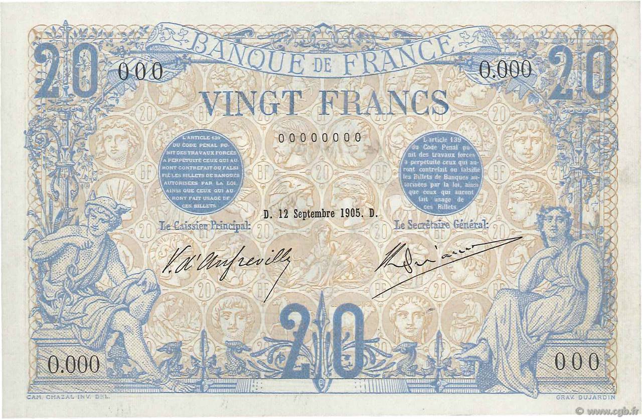 20 Francs BLEU Spécimen FRANKREICH  1905 F.10.00S fST+