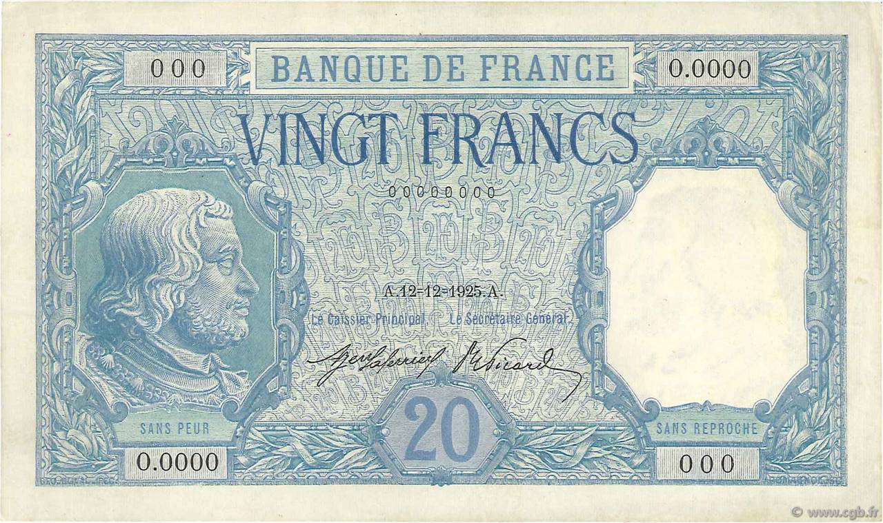 20 Francs BAYARD Spécimen FRANCIA  1925 F.11.00S EBC+