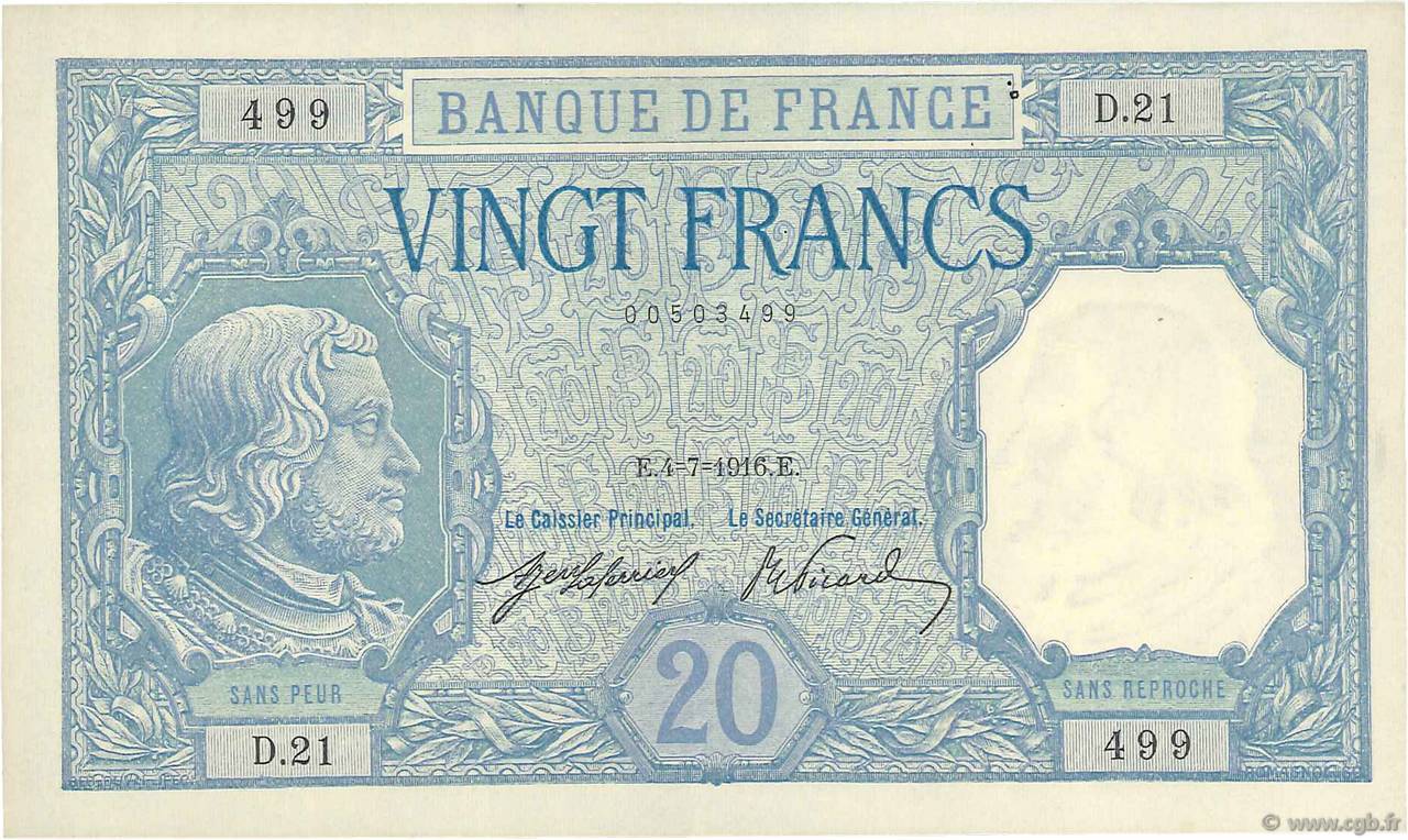 20 Francs BAYARD FRANCE  1916 F.11.01 SUP à SPL