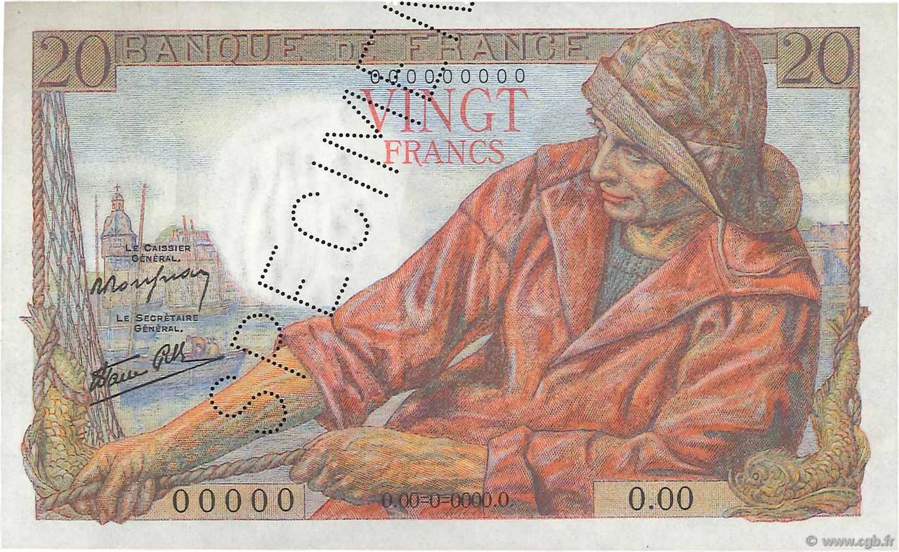 20 Francs PÊCHEUR Spécimen FRANCIA  1942 F.13.01Sp AU
