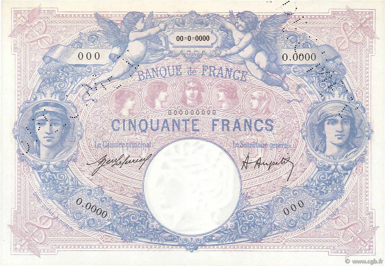 50 Francs BLEU ET ROSE Spécimen FRANKREICH  1920 F.14.33Sp2 fST+
