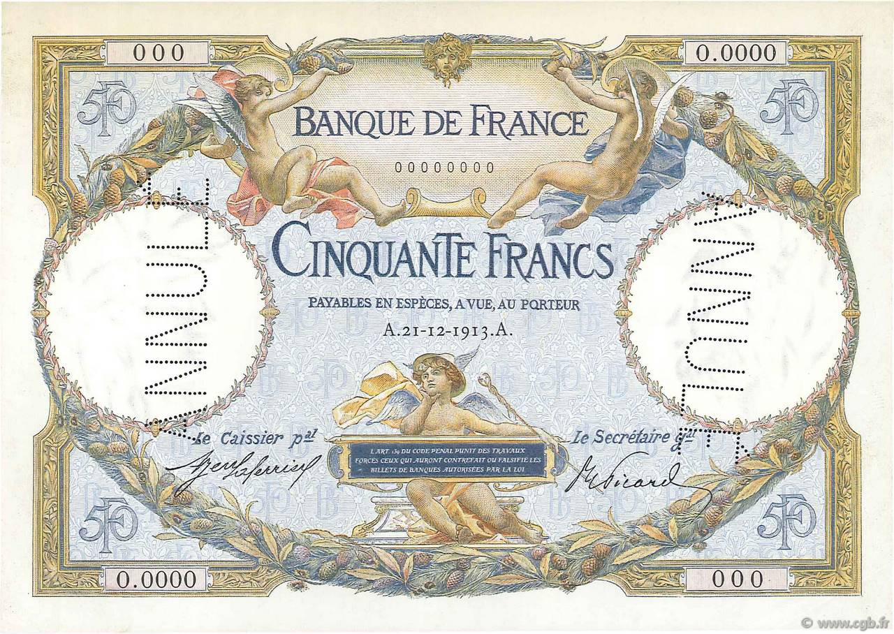 50 Francs LUC OLIVIER MERSON Essai FRANKREICH  1913 NE.1913.01b fST+
