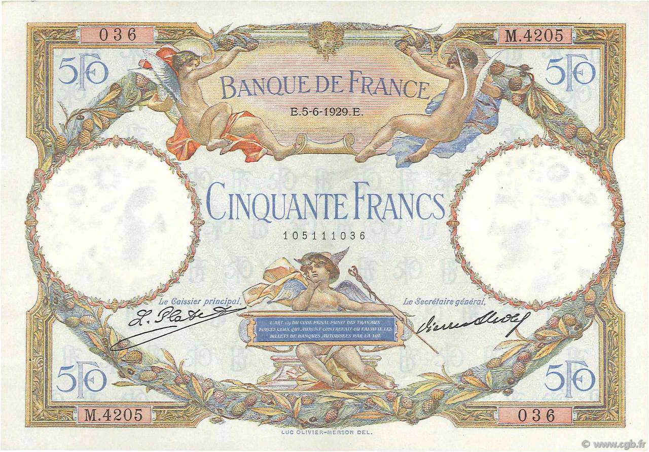 50 Francs LUC OLIVIER MERSON FRANCIA  1929 F.15.03 q.AU
