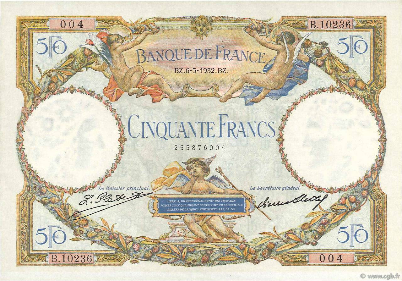 50 Francs LUC OLIVIER MERSON type modifié FRANCIA  1932 F.16.03 EBC a SC