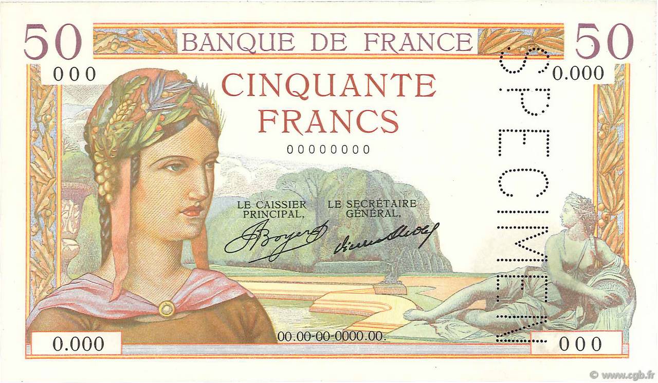 50 Francs CÉRÈS Épreuve FRANCE  1934 F.17.00Ec UNC