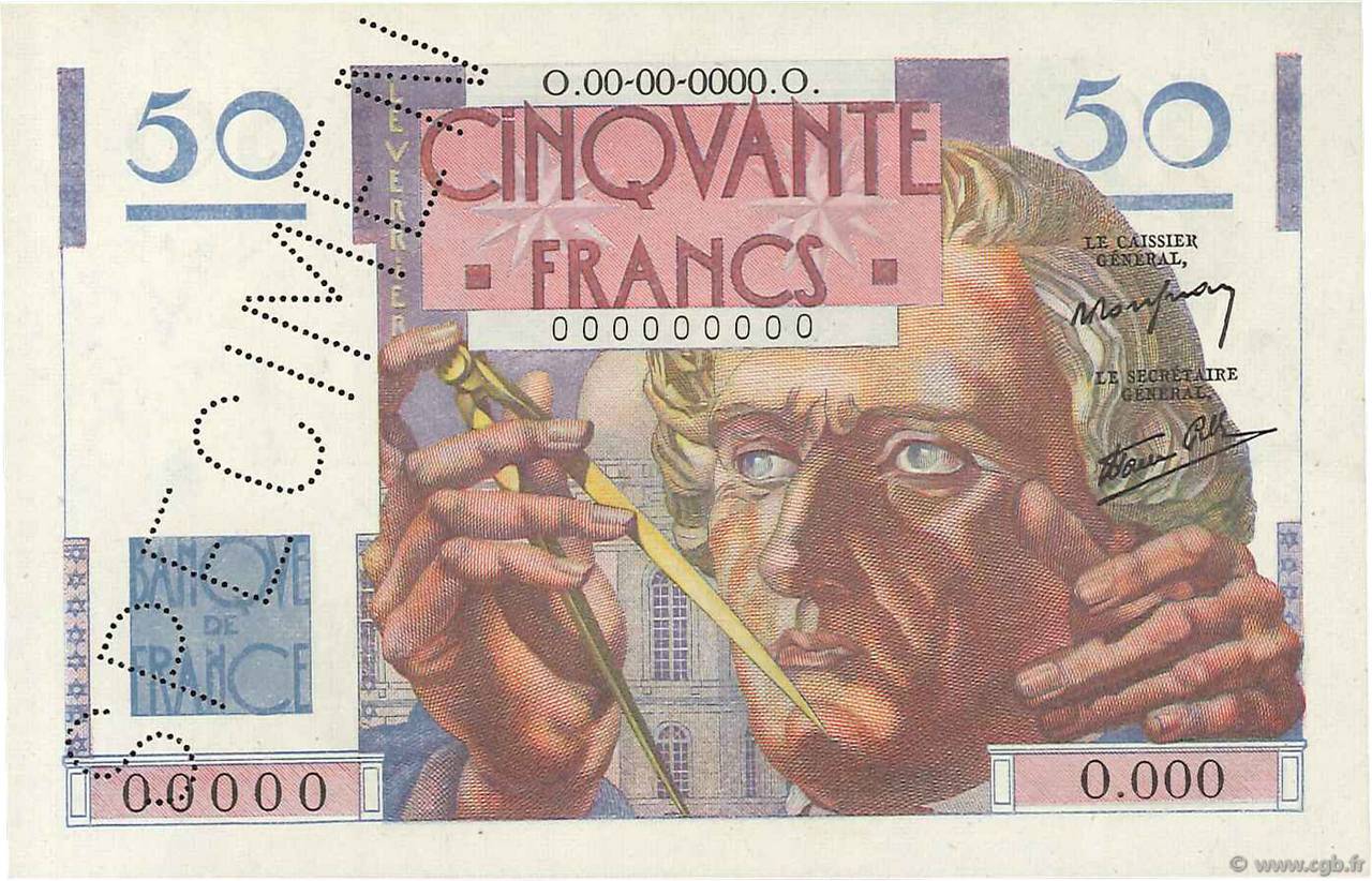 50 Francs LE VERRIER Spécimen FRANCE  1946 F.20.01Sp UNC-