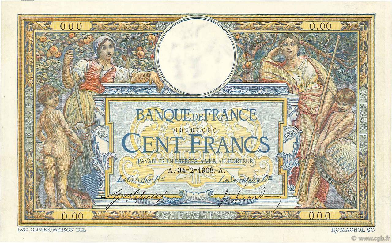 100 Francs LUC OLIVIER MERSON avec LOM Spécimen FRANCE  1908 F.22.01S UNC-