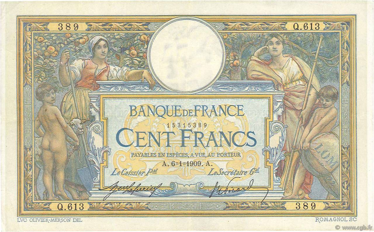 100 Francs LUC OLIVIER MERSON avec LOM FRANCIA  1909 F.22.02 MB