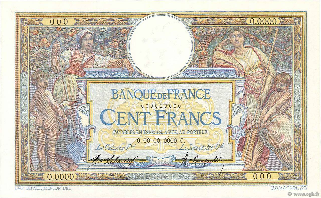 100 Francs LUC OLIVIER MERSON sans LOM Spécimen FRANCIA  1920 F.23.13S AU