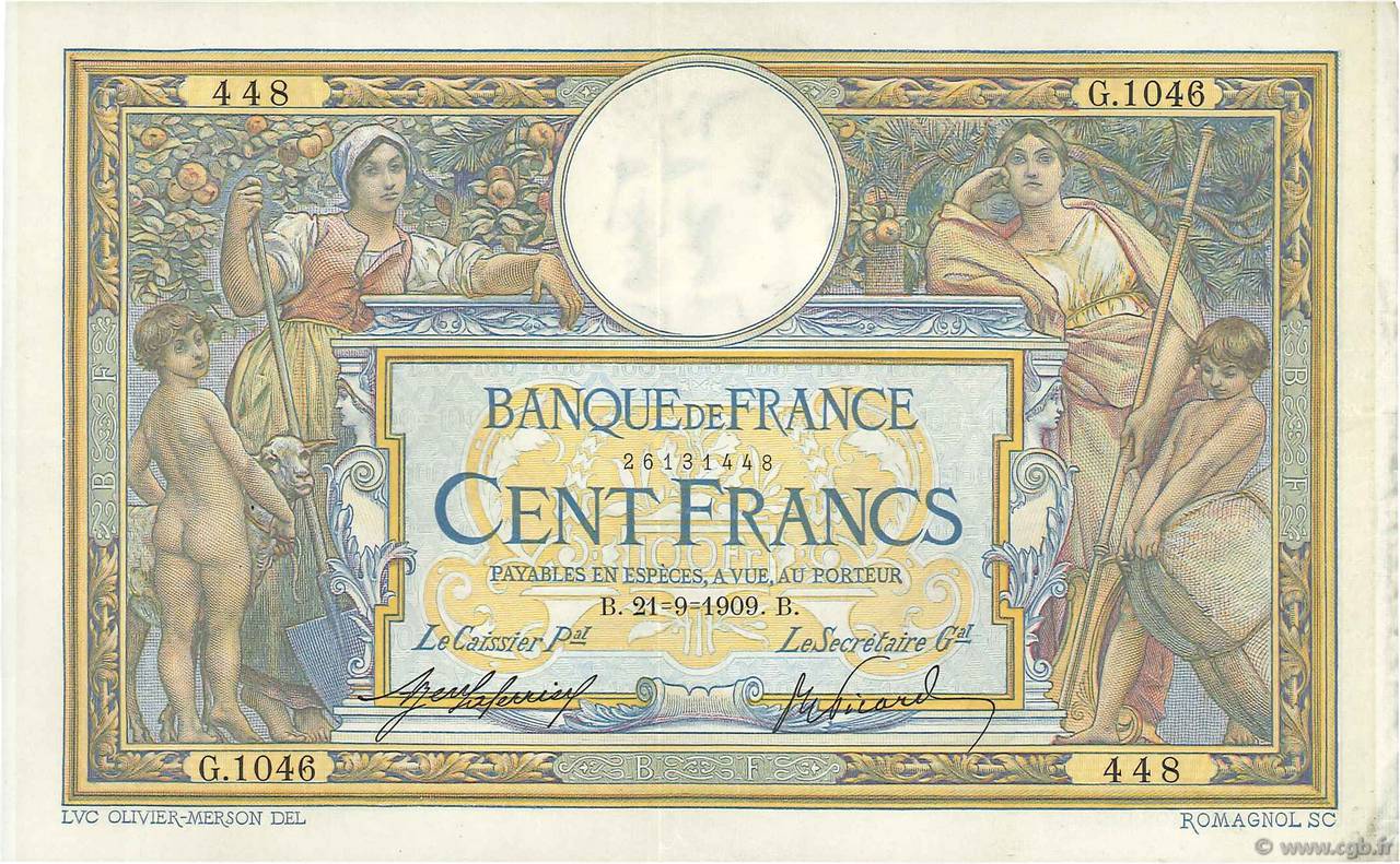 100 Francs LUC OLIVIER MERSON sans LOM FRANCIA  1909 F.23.01 MBC+