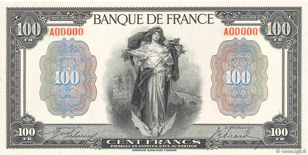 100 Francs LA FORTUNE type 1918 Non émis FRANKREICH  1918 NE.1918.01a fST+