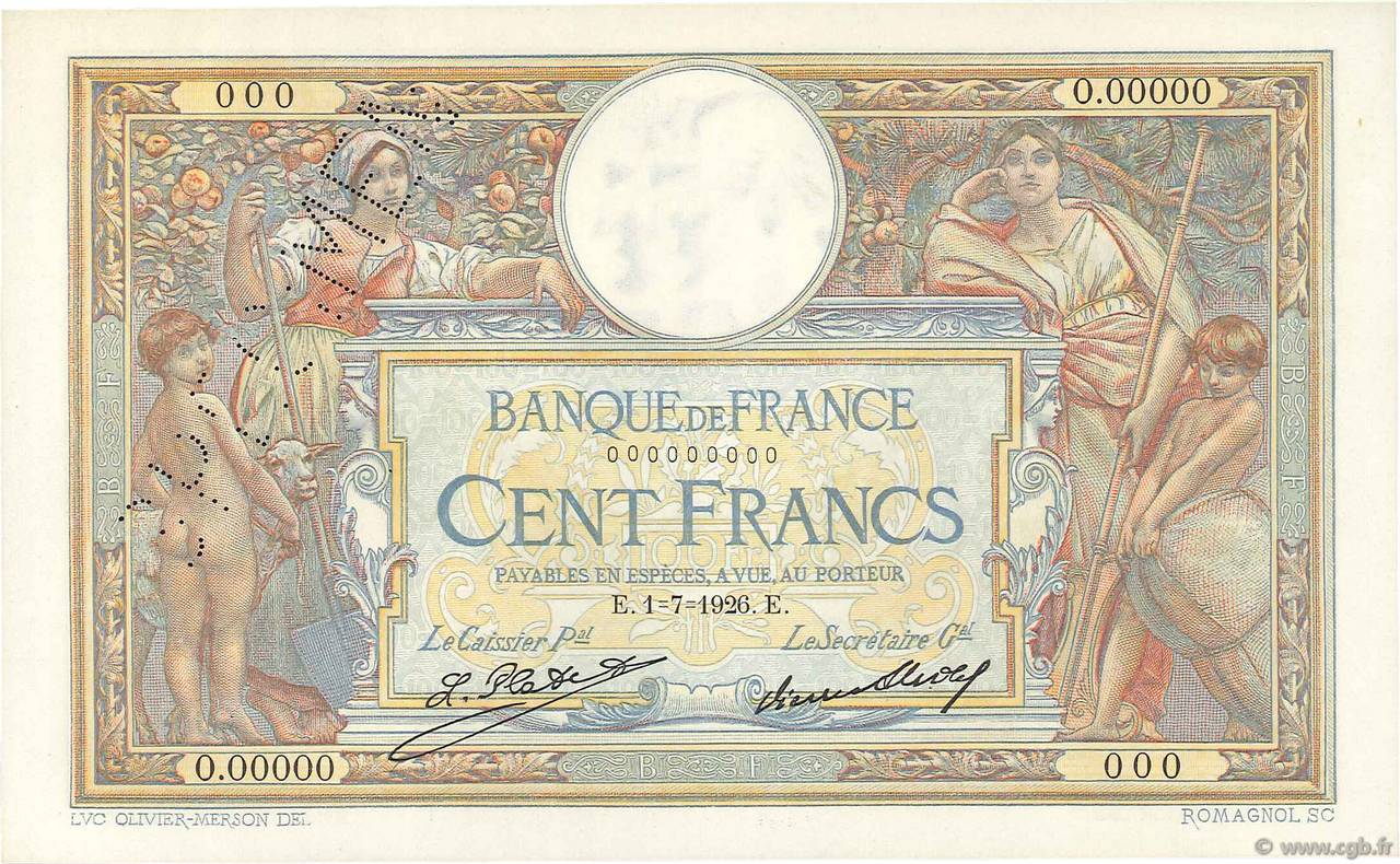100 Francs LUC OLIVIER MERSON grands cartouches Spécimen FRANCE  1926 F.24.05Sp UNC-
