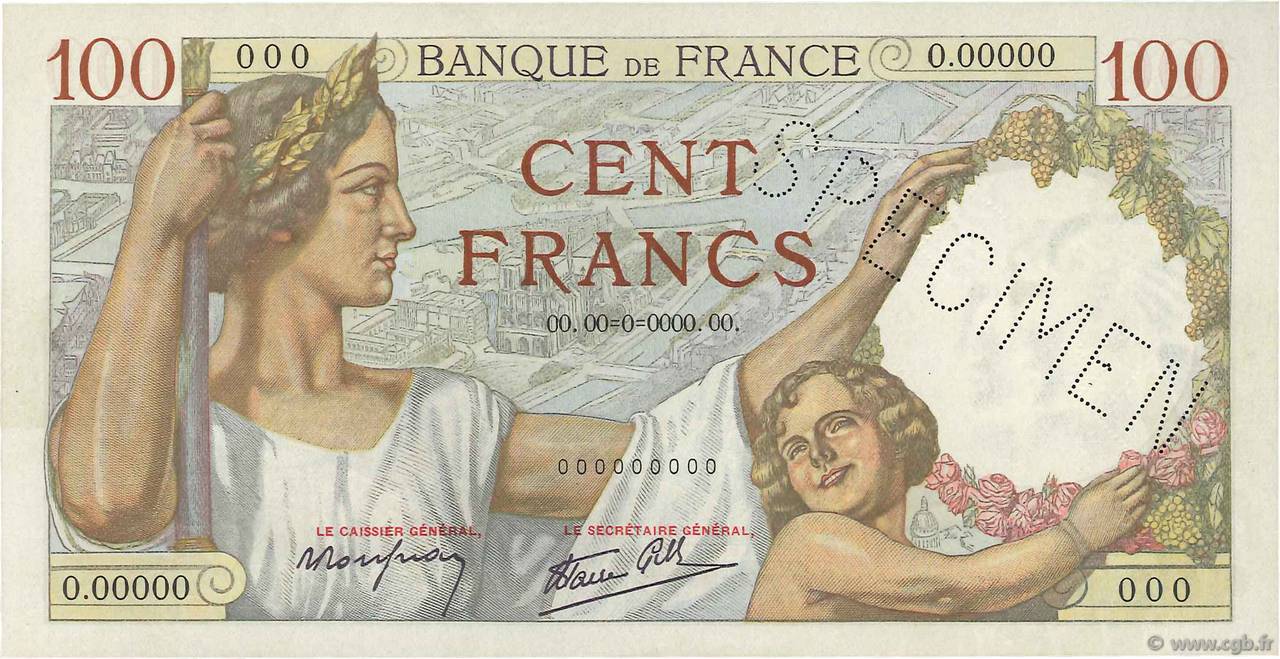 100 Francs SULLY Spécimen FRANKREICH  1939 F.26.01Sp2 fST