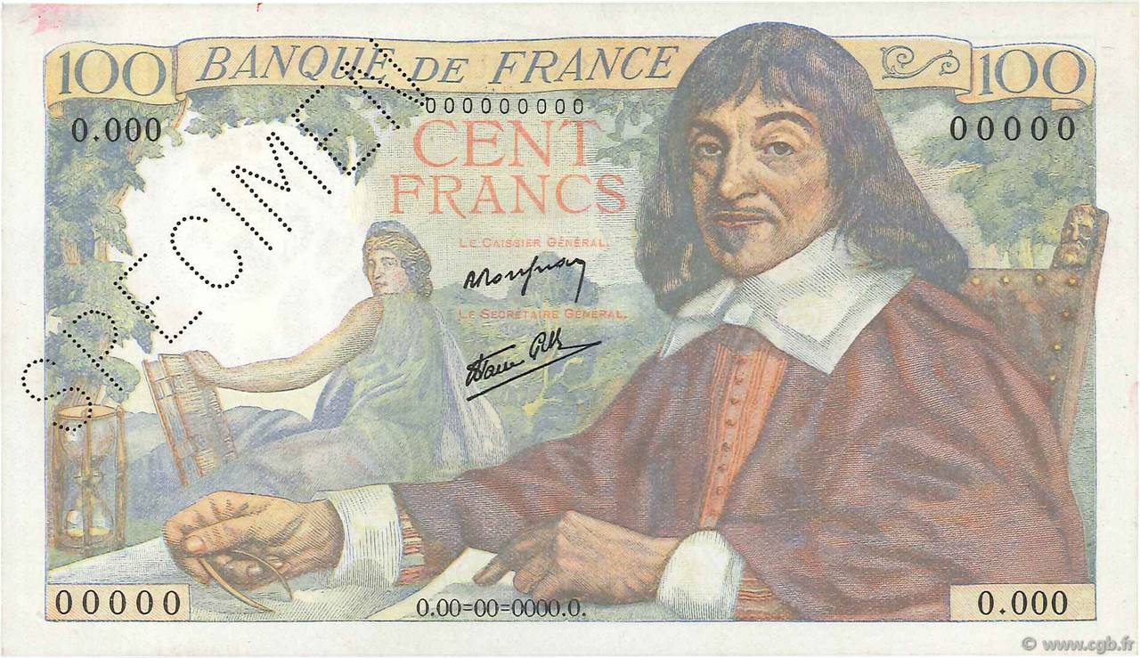 100 Francs DESCARTES Spécimen FRANCE  1942 F.27.01Sp AU