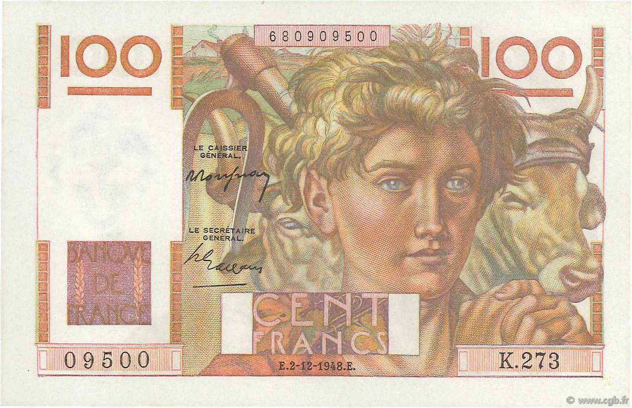 100 Francs JEUNE PAYSAN FRANCE  1948 F.28.20 UNC