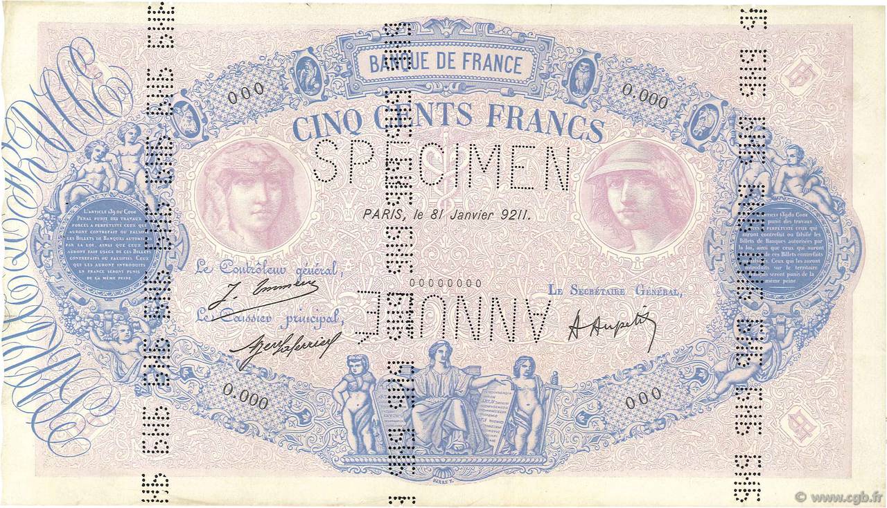500 Francs BLEU ET ROSE Spécimen FRANCE  1921 F.30.25Sp VF+