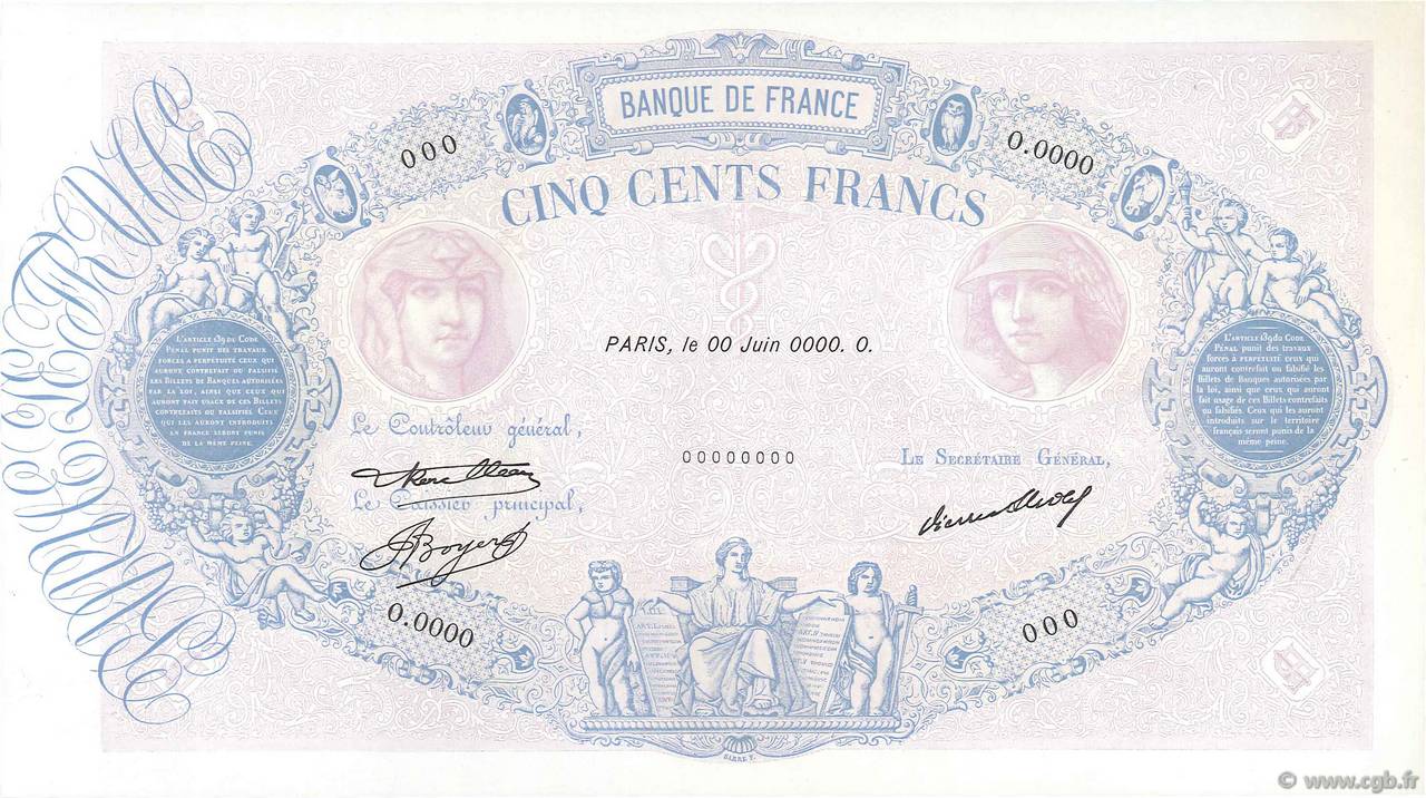 500 Francs BLEU ET ROSE Spécimen FRANCE  1933 F.30.36S UNC-