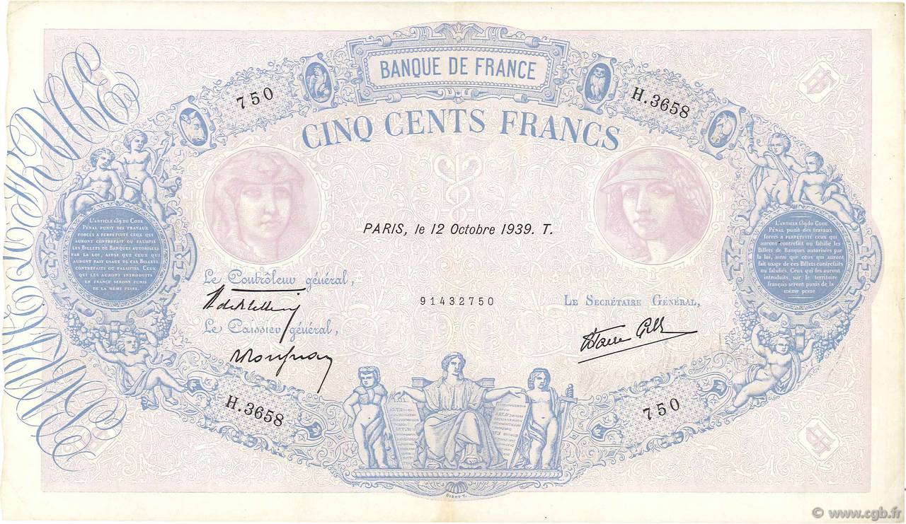 500 Francs BLEU ET ROSE modifié FRANKREICH  1939 F.31.43 SS