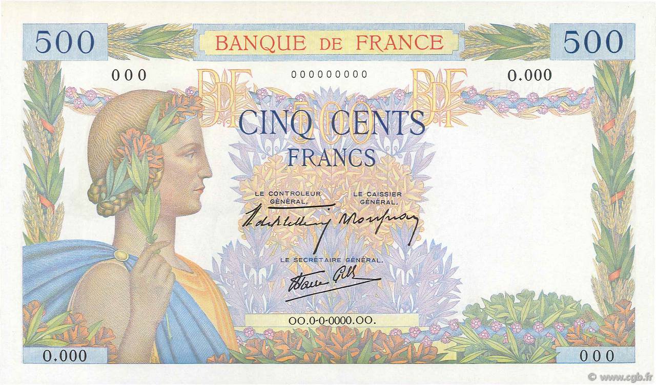 500 Francs LA PAIX Épreuve FRANKREICH  1940 F.32.00Ed1 ST