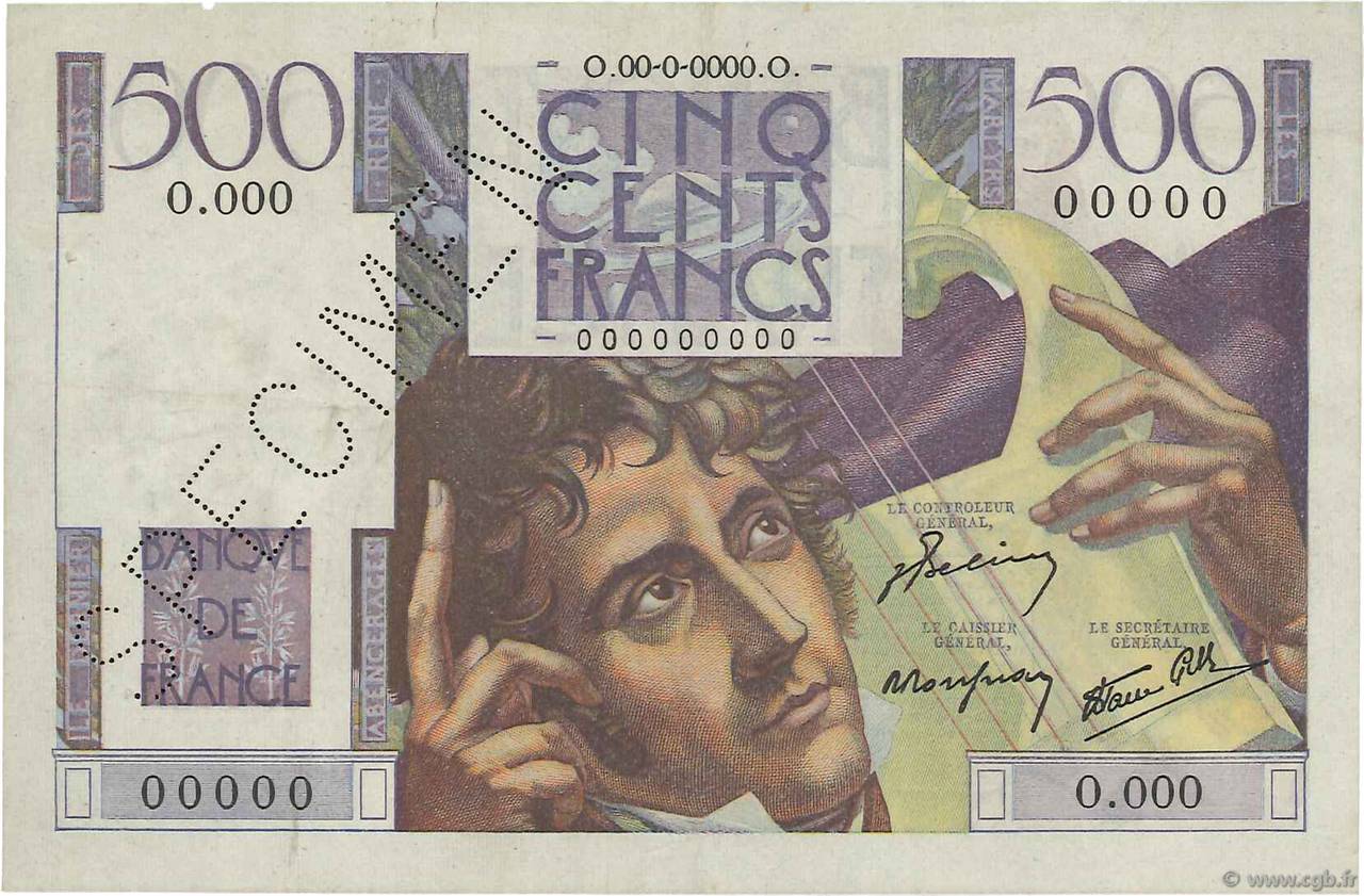 500 Francs CHATEAUBRIAND Spécimen FRANKREICH  1945 F.34.01Sp fVZ