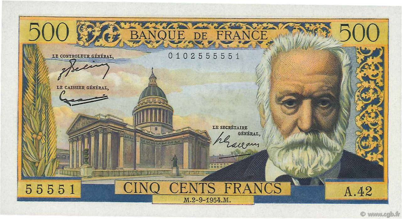 500 Francs VICTOR HUGO FRANCE  1954 F.35.03 UNC-